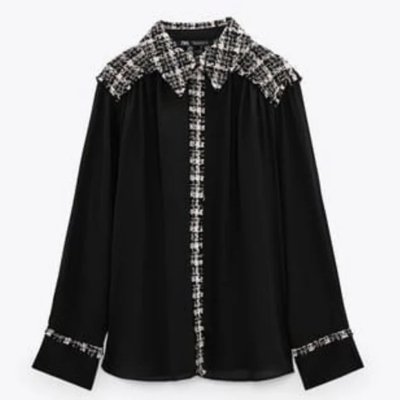 Zara Black Blouse with Tweed Trim - Picture 3 of 9